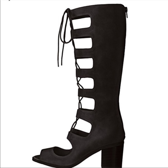 Black Chunky Heel Tall Gladiator Lace Up Sandals - Picture 3 of 3